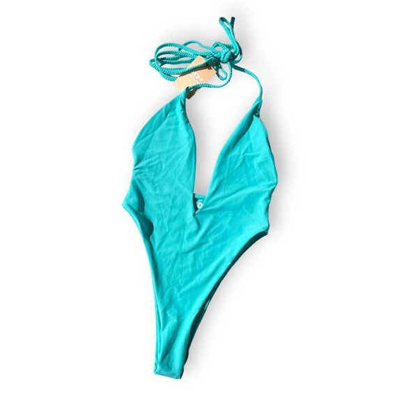 NWT Mars The Label Aqua/Pea Green Fishtail Swim Sculpting Plunge Swimsuit - Picture 2 of 10